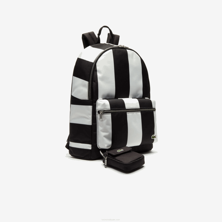 Lacoste LIVE Detachable Pouch Striped Backpack 646T2055 Noir Blanc 279 Men