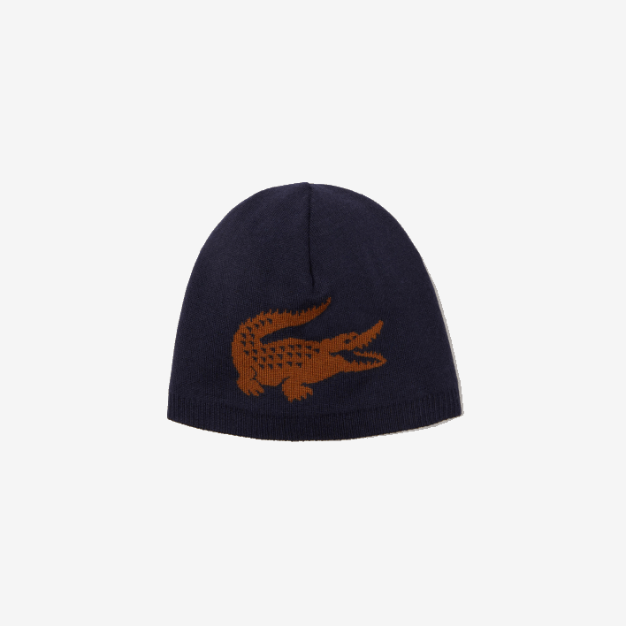 Lacoste Jacquard Crocodile Wool Beanie 646T2309 Navy Blue Brown 1DY Men