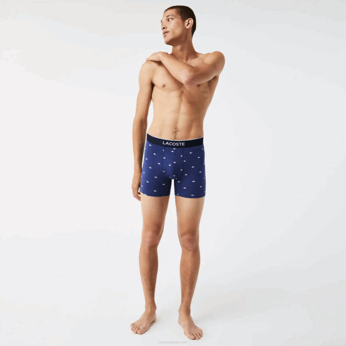 Lacoste Branded Waist Long Stretch Cotton Boxer Brief 3-Pack 646T1428 Navy Blue Grey Chine Red W3T Men