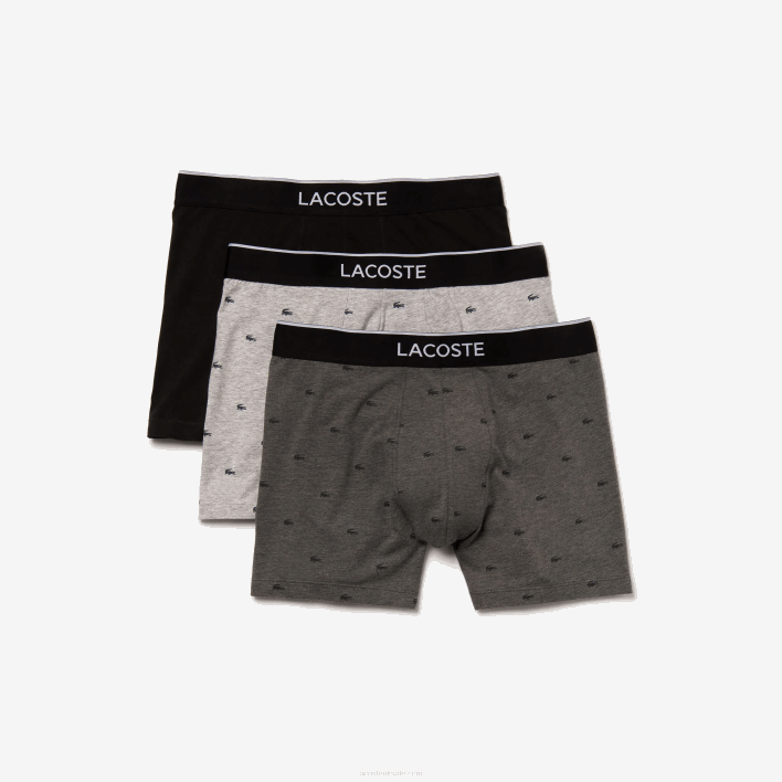 Lacoste Branded Waist Long Stretch Cotton Boxer Brief 3-Pack 646T1429 Black Grey Chine VDP Men
