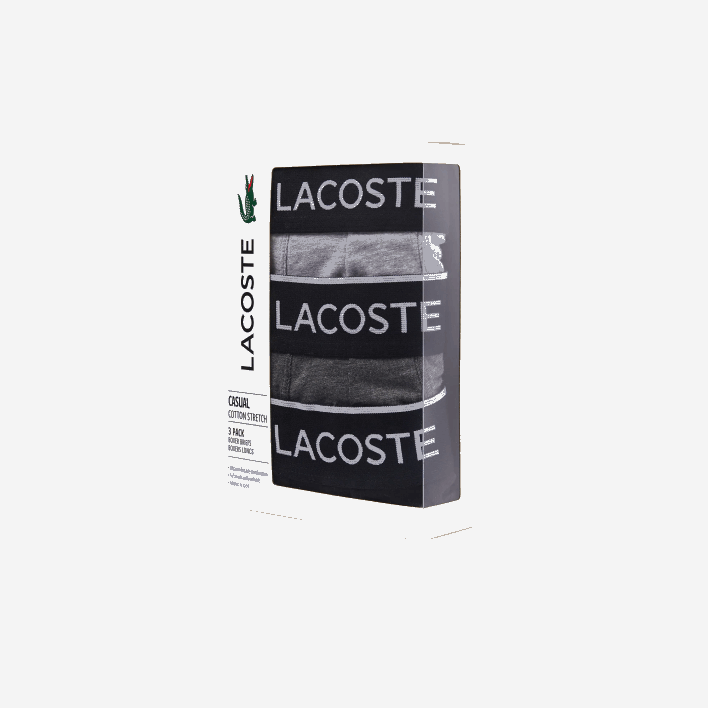Lacoste Branded Waist Long Stretch Cotton Boxer Brief 3-Pack 646T1429 Black Grey Chine VDP Men