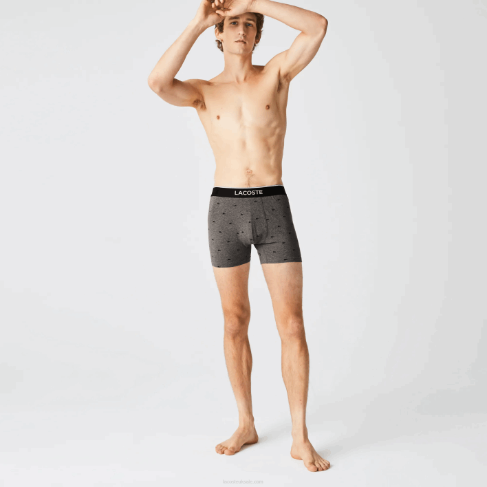 Lacoste Branded Waist Long Stretch Cotton Boxer Brief 3-Pack 646T1429 Black Grey Chine VDP Men