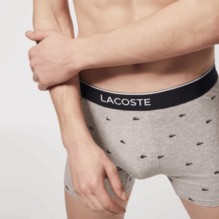 Lacoste Branded Waist Long Stretch Cotton Boxer Brief 3-Pack 646T1429 Black Grey Chine VDP Men