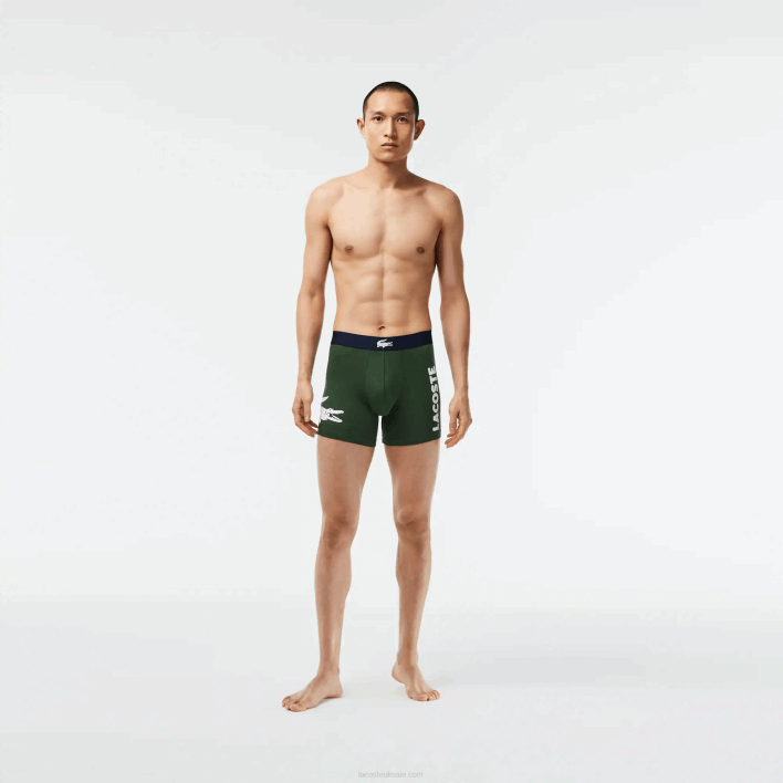 Lacoste Crocodile Waist Long Stretch Cotton Boxer Brief 3-Pack 646T1368 Green Navy Blue White P52 Men