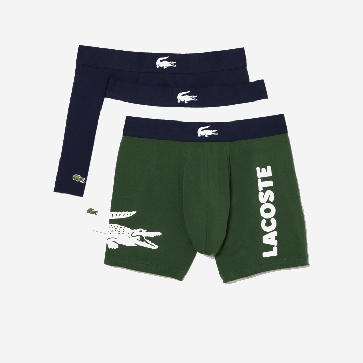 Lacoste Crocodile Waist Long Stretch Cotton Boxer Brief 3-Pack 646T1368 Green Navy Blue White P52 Men