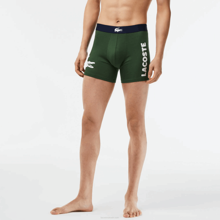 Lacoste Crocodile Waist Long Stretch Cotton Boxer Brief 3-Pack 646T1368 Green Navy Blue White P52 Men