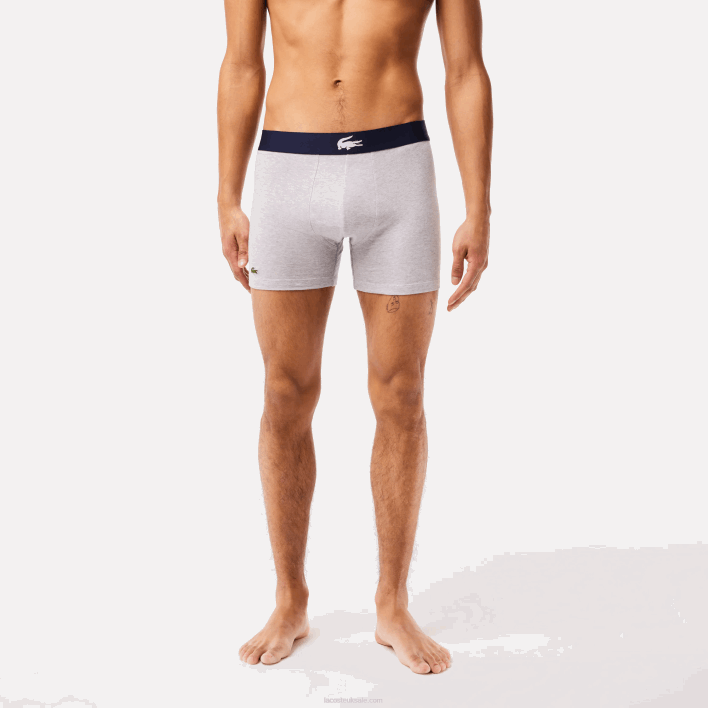 Lacoste Crocodile Waist Long Stretch Cotton Boxer Brief 3-Pack 646T1369 White Grey Chine Navy Blue BCK Men