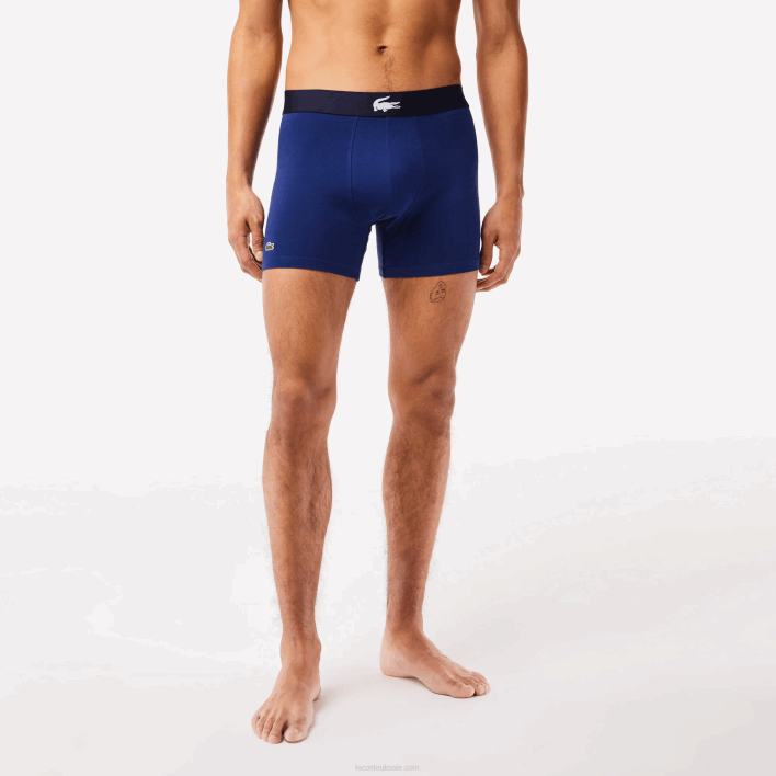 Lacoste Crocodile Waist Long Stretch Cotton Boxer Brief 3-Pack 646T1369 White Grey Chine Navy Blue BCK Men