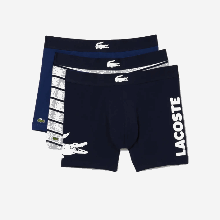 Lacoste Crocodile Waist Long Stretch Cotton Boxer Brief 3-Pack 646T1369 White Grey Chine Navy Blue BCK Men