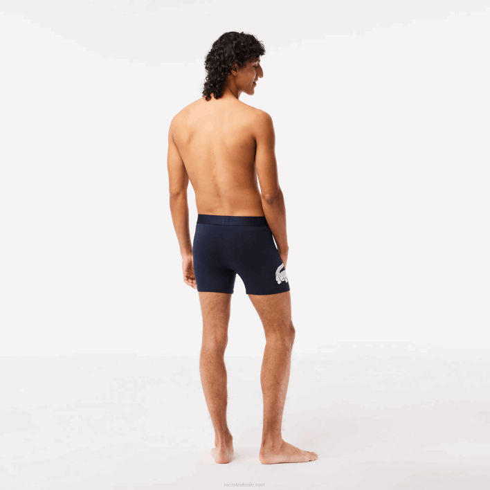 Lacoste Crocodile Waist Long Stretch Cotton Boxer Brief 3-Pack 646T1369 White Grey Chine Navy Blue BCK Men