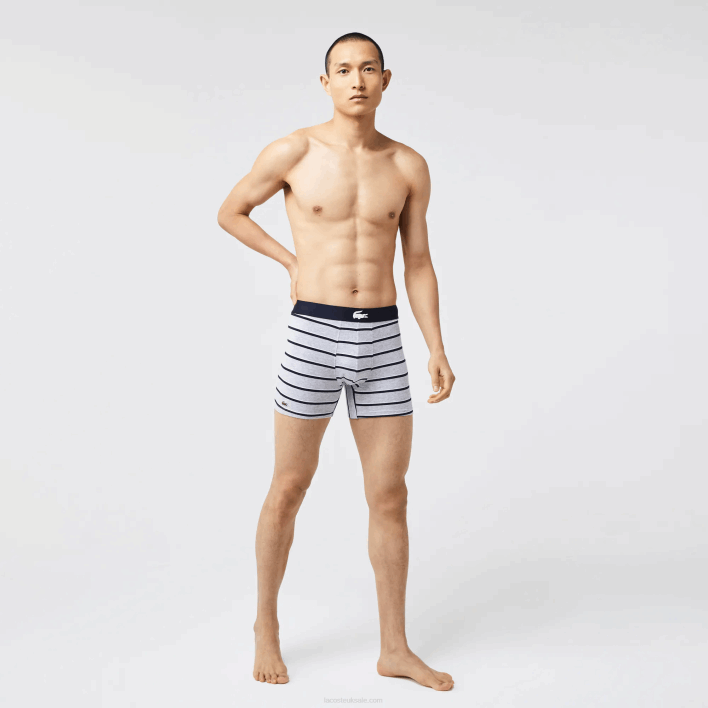 Lacoste Crocodile Waist Long Stretch Cotton Boxer Brief 3-Pack 646T1369 White Grey Chine Navy Blue BCK Men