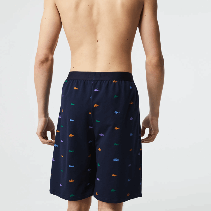 Lacoste Crocodiles Print Cotton Fleece Indoor Shorts 646T1499 Navy Blue White QRN Men