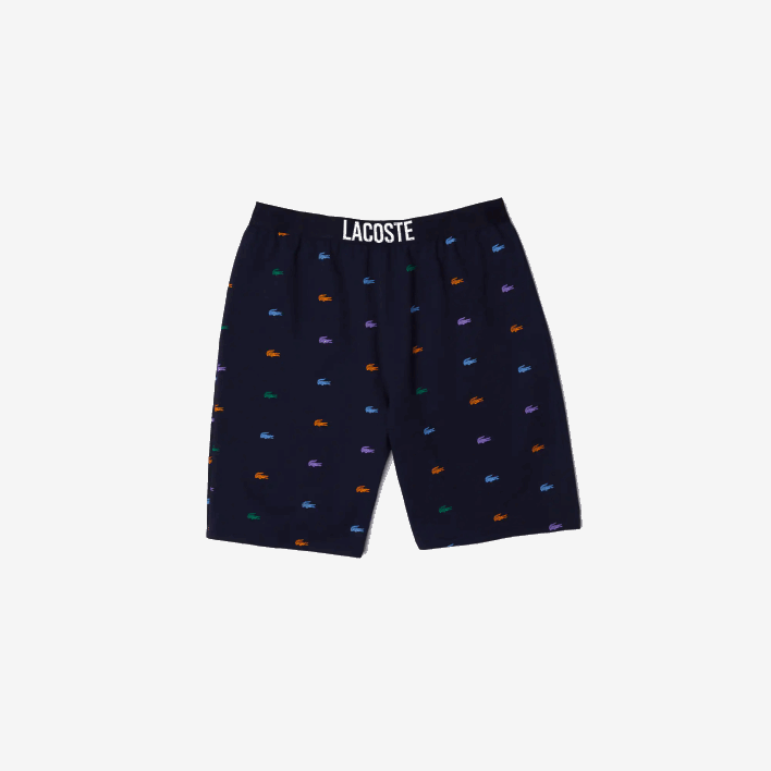 Lacoste Crocodiles Print Cotton Fleece Indoor Shorts 646T1499 Navy Blue White QRN Men
