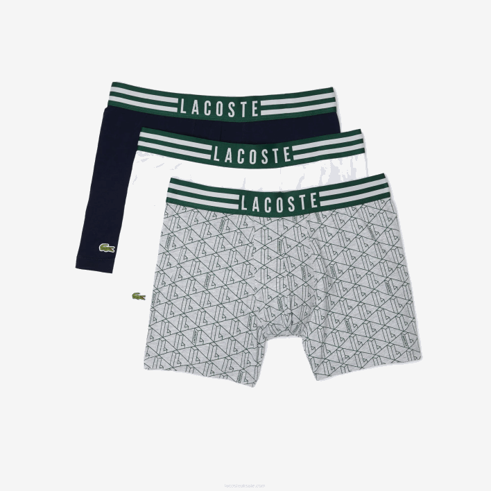 Lacoste Striped Waist Long Stretch Cotton Boxer Brief 3-Pack 646T1434 Grey Chine White Navy Blue TYA Men