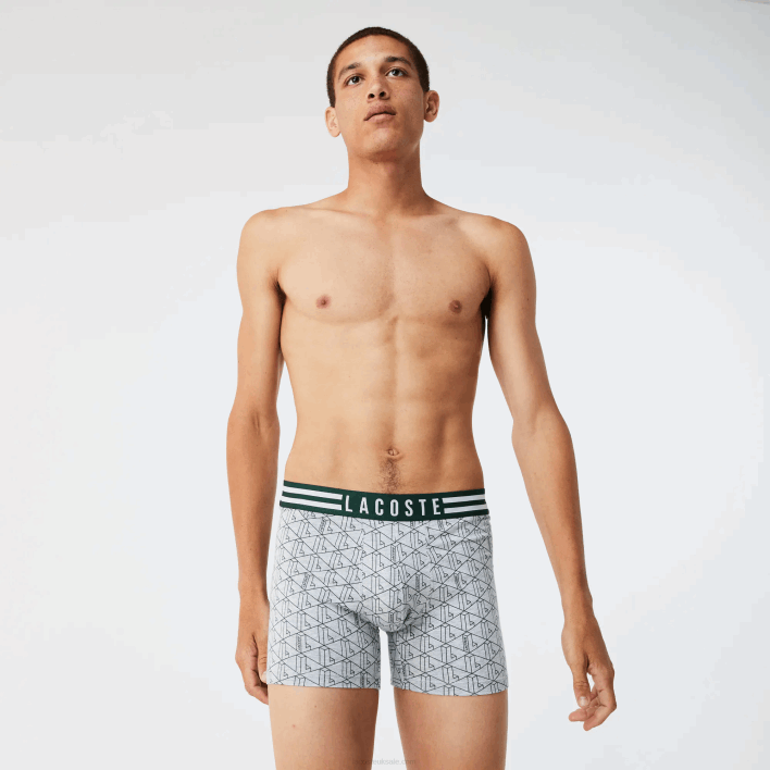 Lacoste Striped Waist Long Stretch Cotton Boxer Brief 3-Pack 646T1434 Grey Chine White Navy Blue TYA Men