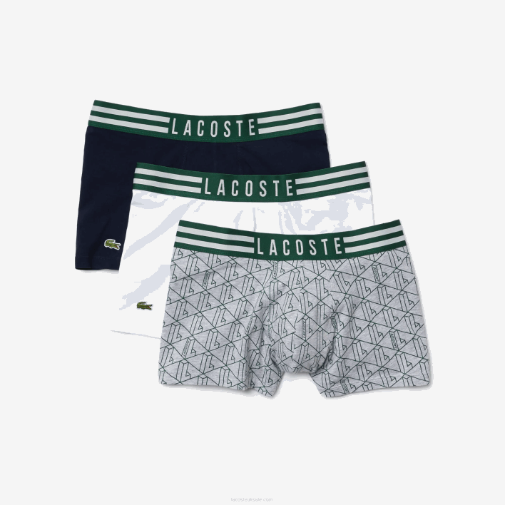 Lacoste Striped Waist Stretch Cotton Trunk 3-Pack 646T1396 Grey Chine White Navy Blue TYA Men