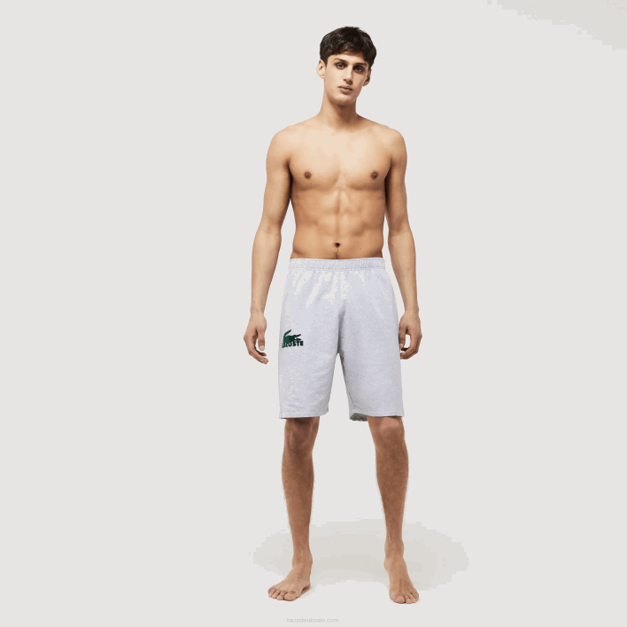 Lacoste Velour Crocodile Cotton Fleece Lounge Shorts 646T1479 Grey Chine Green Y9K Men