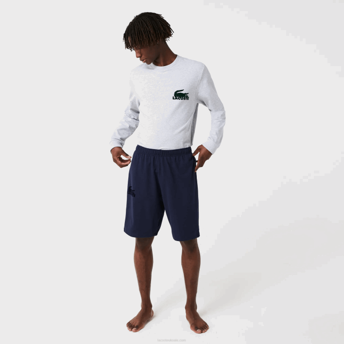 Lacoste Velour Crocodile Cotton Fleece Lounge Shorts 646T1481 Navy Blue 423 Men