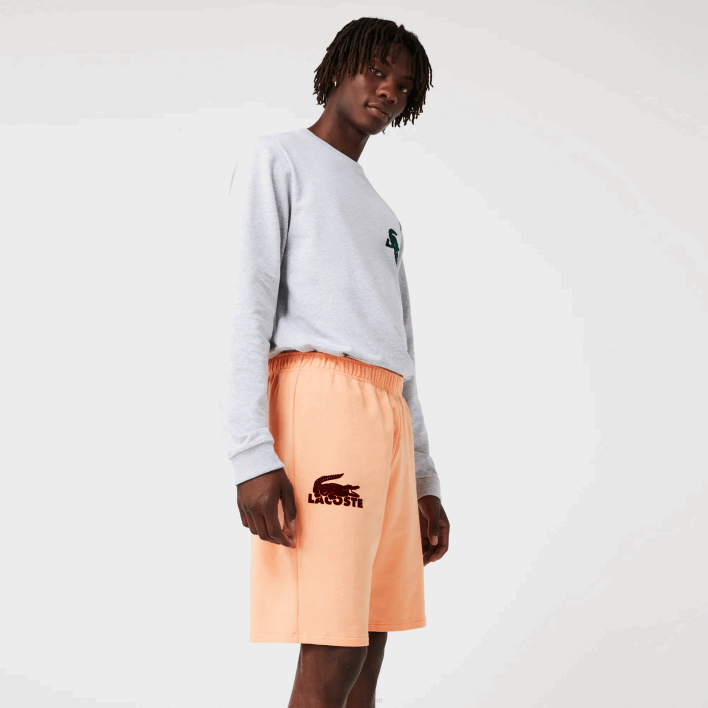 Lacoste Velour Crocodile Cotton Fleece Lounge Shorts 646T1482 Light Orange Bordeaux RZ6 Men
