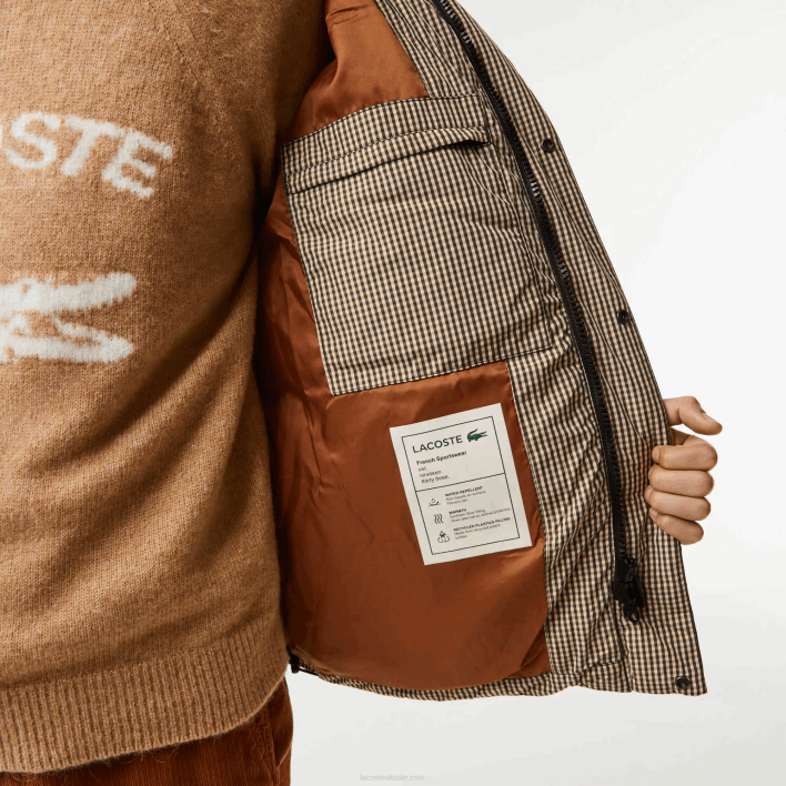 Lacoste Check Print Water-Repellent Twill Padded Jacket 646T399 Beige Navy Khaki Green 87E Men