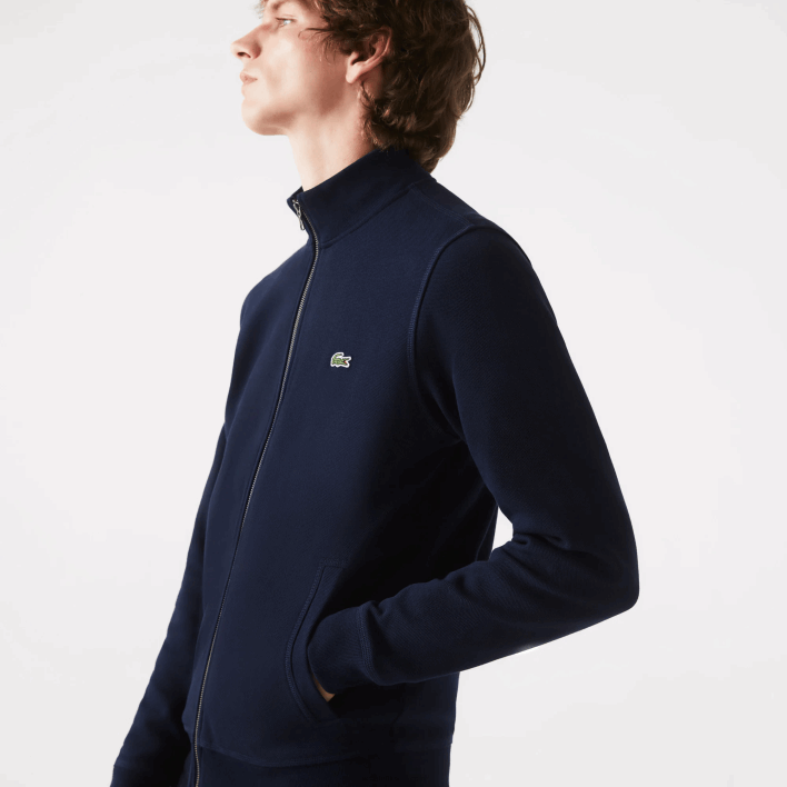 Lacoste Zippered Stand-Up Collar Pique Fleece Jacket 646T1035 Navy Blue 166 Men