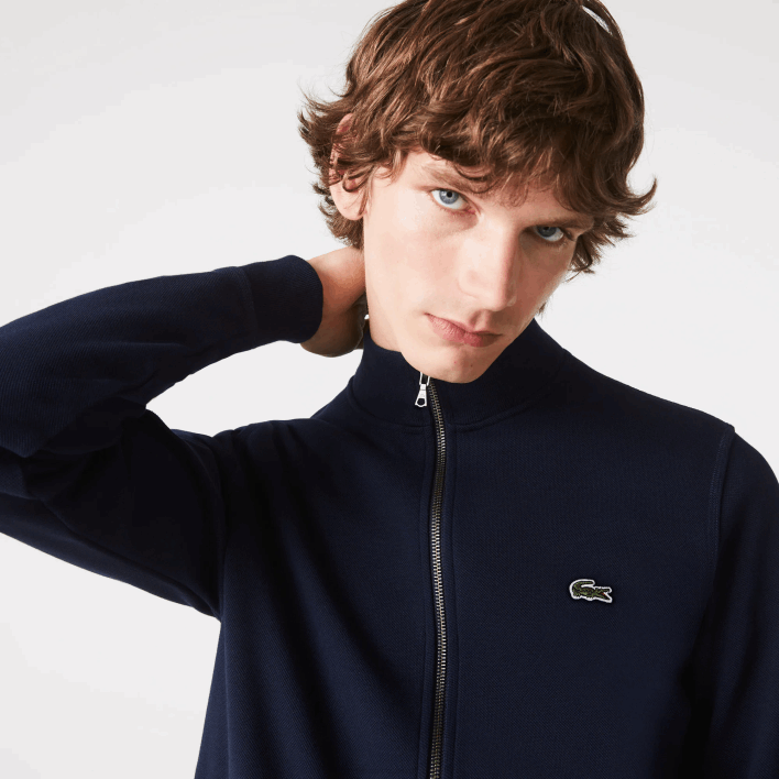 Lacoste Zippered Stand-Up Collar Pique Fleece Jacket 646T1035 Navy Blue 166 Men