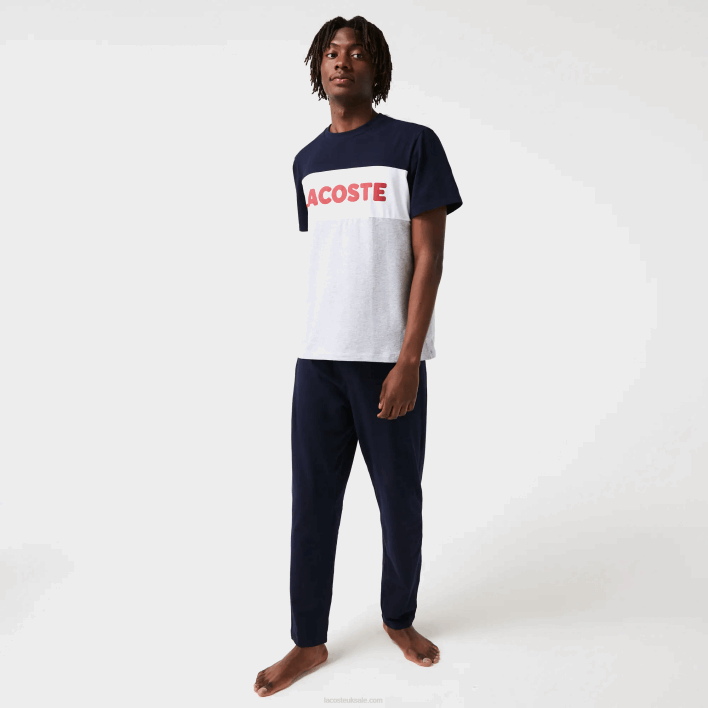Lacoste Colorblock Stretch Cotton Long Pajamas Set 646T1510 Grey Chine Navy White Red 4TY Men