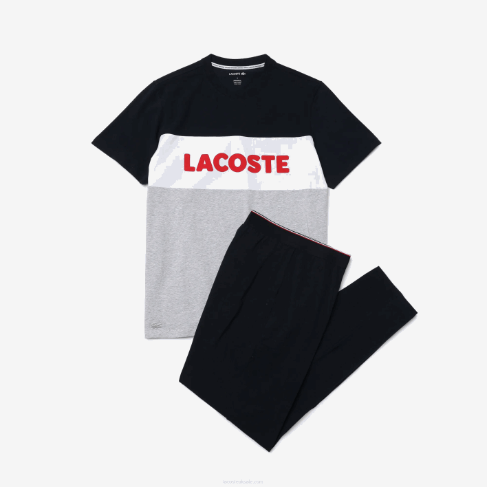 Lacoste Colorblock Stretch Cotton Long Pajamas Set 646T1510 Grey Chine Navy White Red 4TY Men