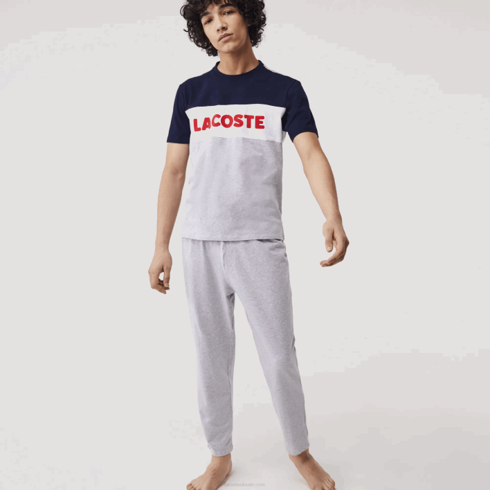 Lacoste Colorblock Stretch Cotton Long Pajamas Set 646T1510 Grey Chine Navy White Red 4TY Men