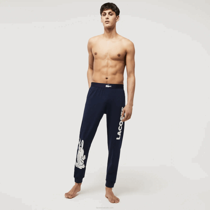 Lacoste Crocodile Print Stretch Cotton Pajama Pants 646T1456 Navy Blue White 525 Men