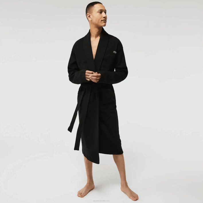 Lacoste Loose Fit Long Textured Cotton Knit Bathrobe 646T1525 Black 031 Men