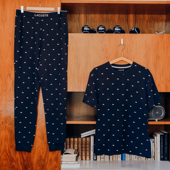 Lacoste Printed Jersey Pajama Pants 646T1385 Navy Blue White 525 Men