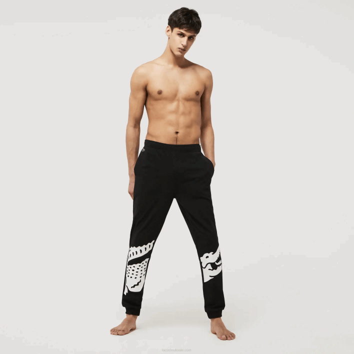 Lacoste Crocodile Design Cotton Fleece Blend Indoor Pants 646T1469 Black White 258 Men