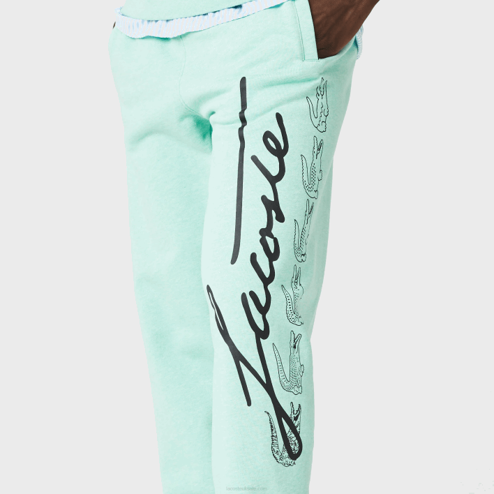 Lacoste Signature And Crocodile Print Cotton Fleece Jogging Pants 646T1066 Green HCV Men