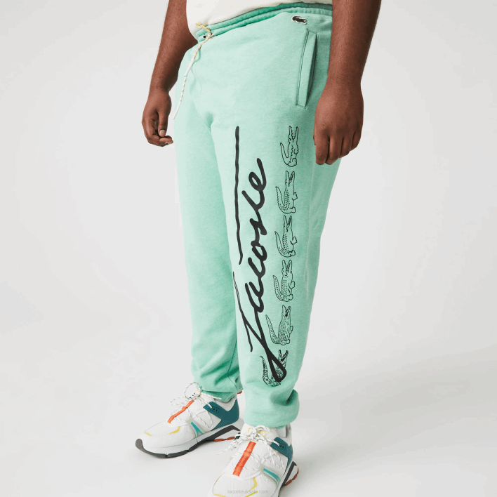 Lacoste Signature And Crocodile Print Cotton Fleece Jogging Pants 646T1066 Green HCV Men