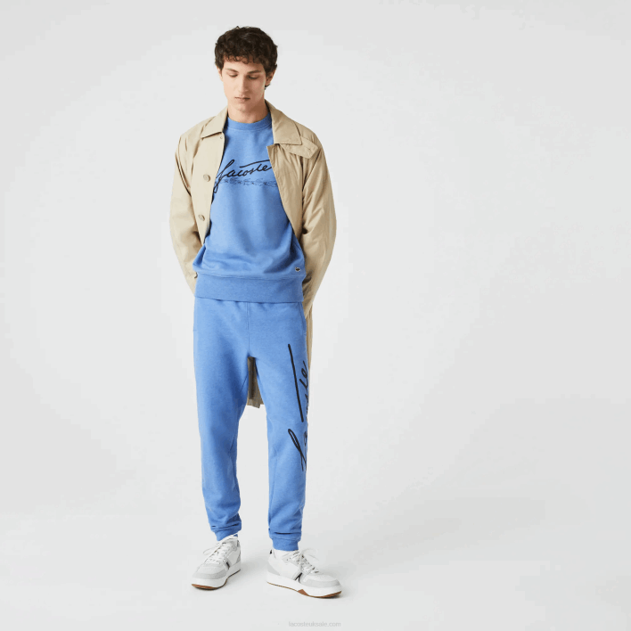 Lacoste Signature And Crocodile Print Cotton Fleece Jogging Pants 646T1067 Blue Chine HG3 Men
