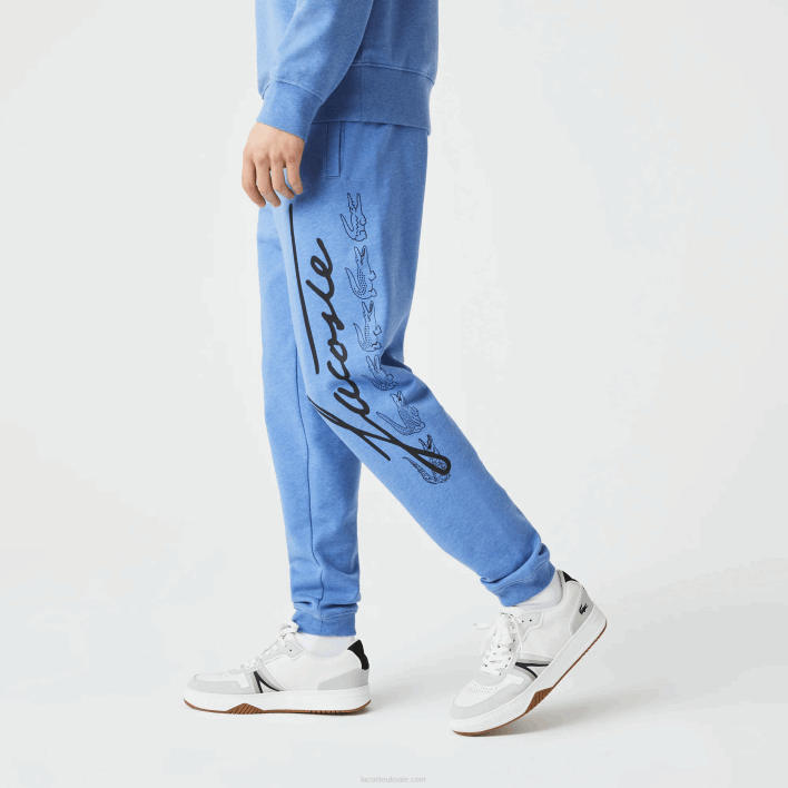 Lacoste Signature And Crocodile Print Cotton Fleece Jogging Pants 646T1067 Blue Chine HG3 Men