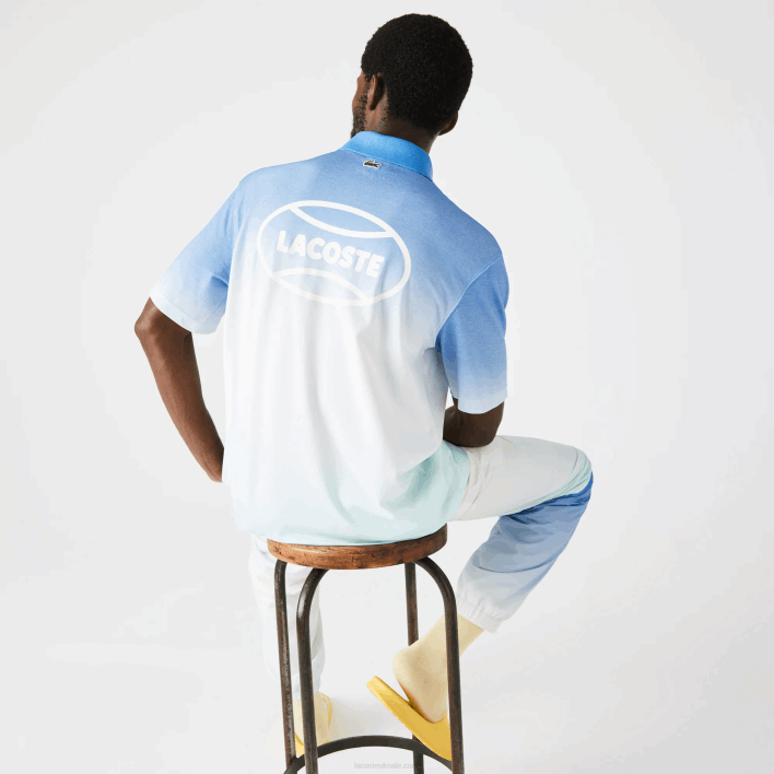 Lacoste LIVE Loose Fit Gradated Print Cotton Polo 646T838 Blue White Turquoise 3UX Men