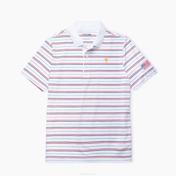 Lacoste Presidents Cup SPORT Striped Polo 646T1230 White Navy Blue Red T57 Men