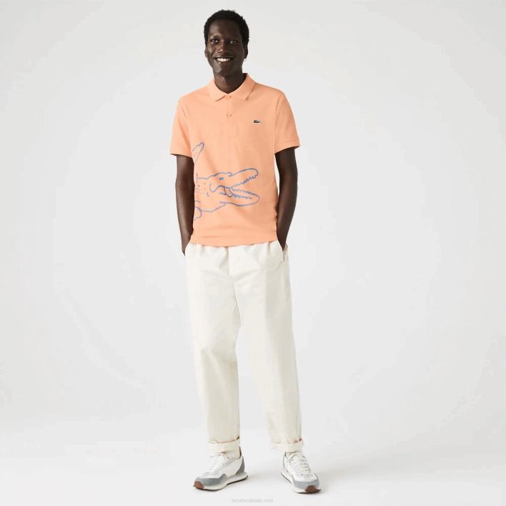 Lacoste Regular Fit Crocodile Print Cotton Pique Polo 646T647 Light Orange HEB Men