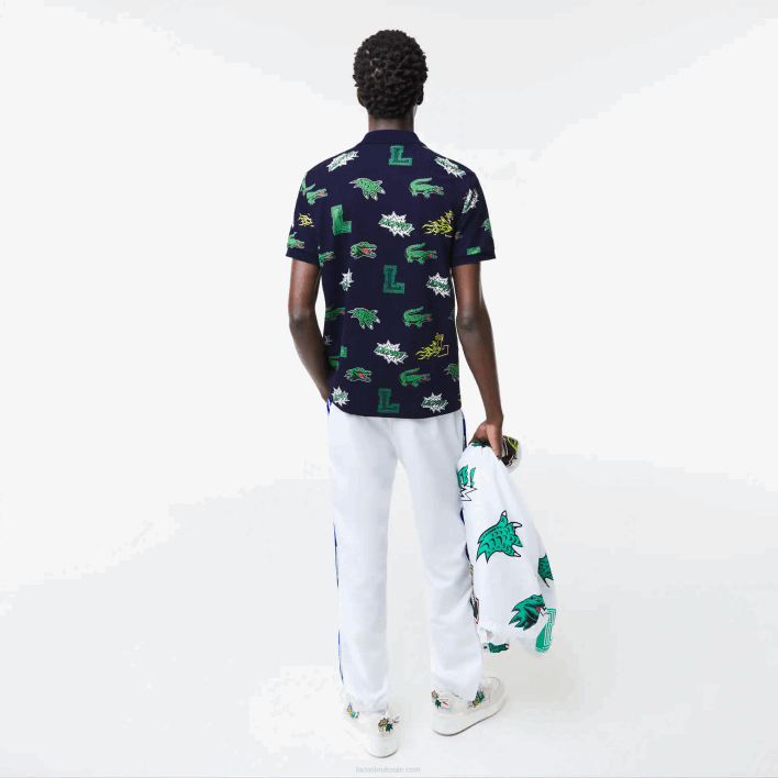 Lacoste Regular Fit Crocodile Print Polo 646T631 Navy Blue White QRN Men