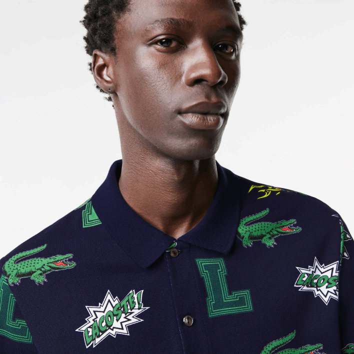 Lacoste Regular Fit Crocodile Print Polo 646T631 Navy Blue White QRN Men
