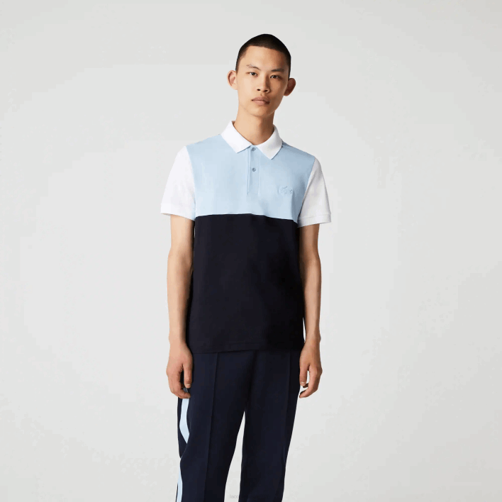 Lacoste Regular Fit Light Breathable Colorblock Pique Polo 646T867 Navy Blue Light Blue White TX4 Men