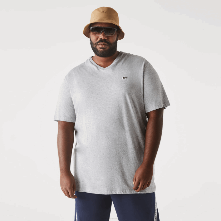 Lacoste Regular Fit Ribbed V-Neck Cotton Polo Shirt (Plus Size) 646T765 Grey Chine CCA Men
