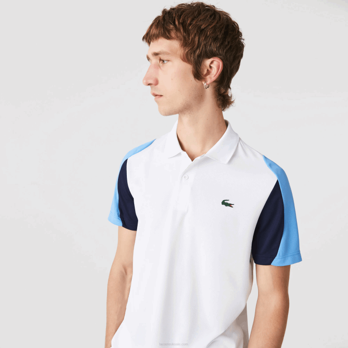 Lacoste SPORT Regular Fit Run-Resistant Pique Tennis Polo 646T556 White Navy Blue 5YP Men