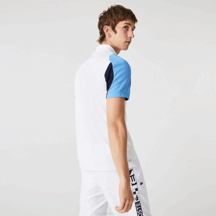 Lacoste SPORT Regular Fit Run-Resistant Pique Tennis Polo 646T556 White Navy Blue 5YP Men