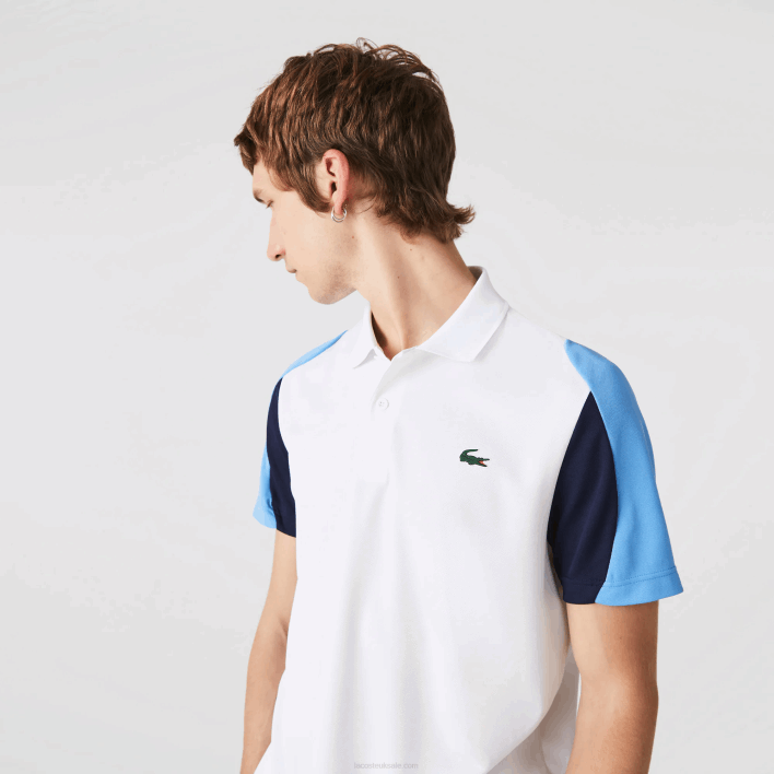 Lacoste SPORT Regular Fit Run-Resistant Pique Tennis Polo 646T556 White Navy Blue 5YP Men