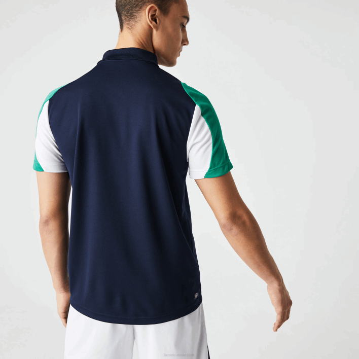 Lacoste SPORT Regular Fit Run-Resistant Pique Tennis Polo 646T557 Navy Blue Green White YJ2 Men