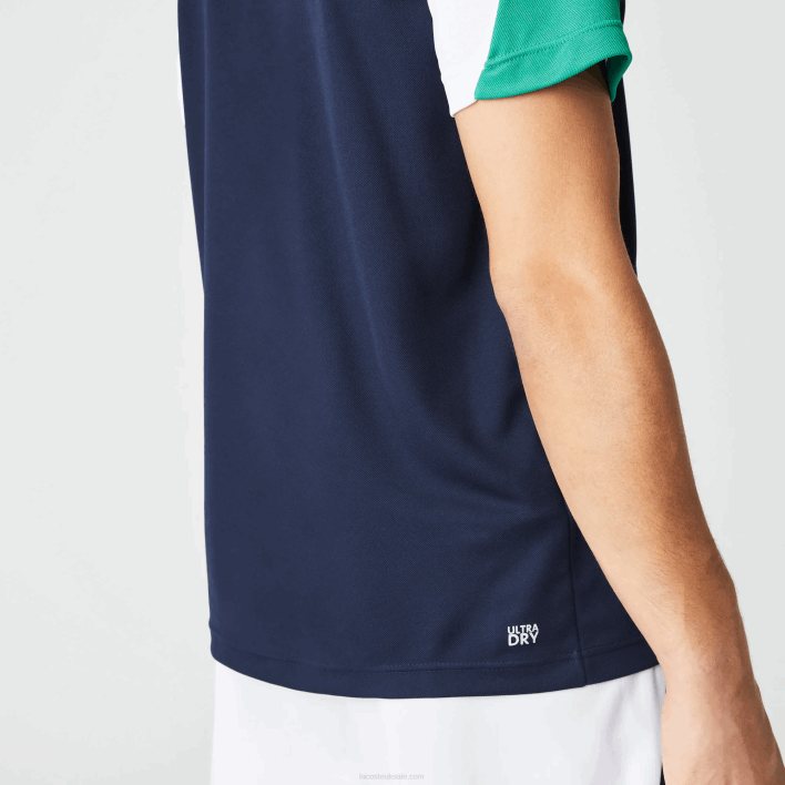Lacoste SPORT Regular Fit Run-Resistant Pique Tennis Polo 646T557 Navy Blue Green White YJ2 Men