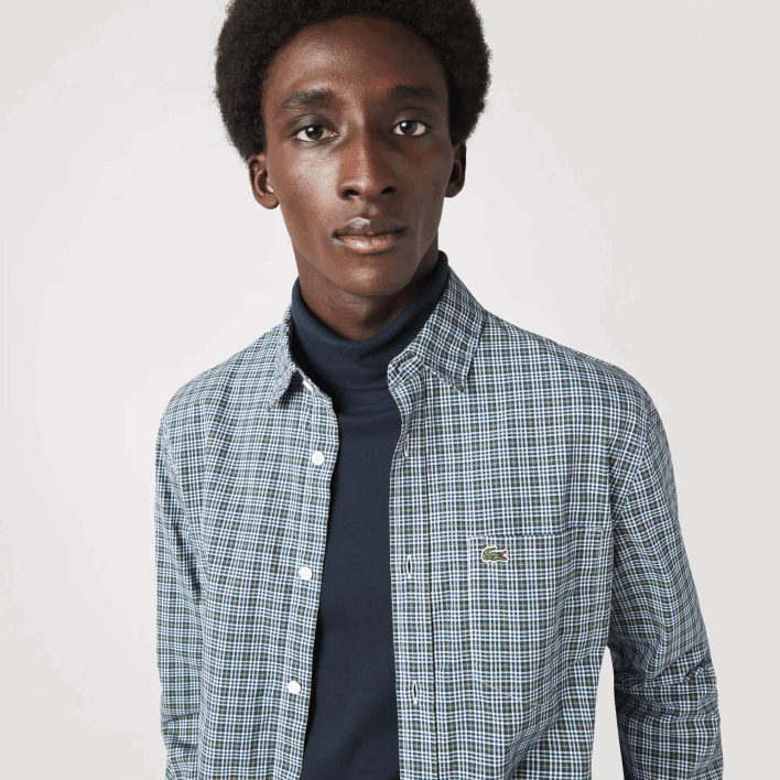 Lacoste Regular Fit Check Print Shirt 646T1609 White Black Green TAV Men